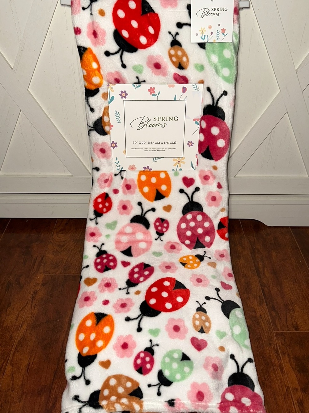 Spring Blooms Ladybug Floral Hearts Plush Throw Blanket